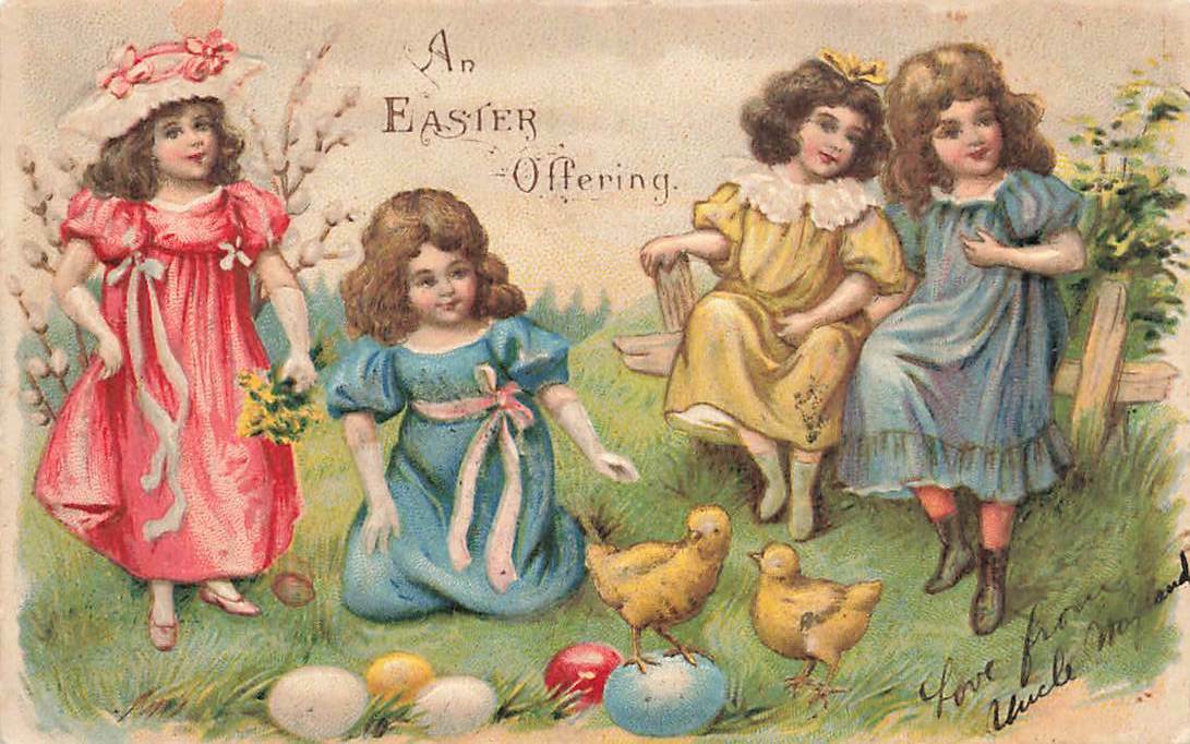 c1910 Girls Eggs Chicks Easter P152