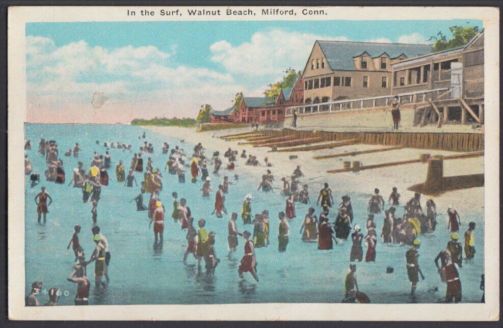 Bathers in the Surf at Walnut Beach at Milford CT postcard 1938