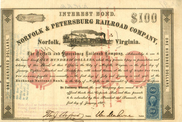 General William Mahone signed Norfolk and Petersburg Railroad Co - $100 Bond - C