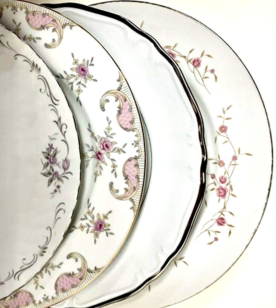 Set Of 4 Mismatched China Floral Plates 10.25-10.5” Shabby Chic-Pinks