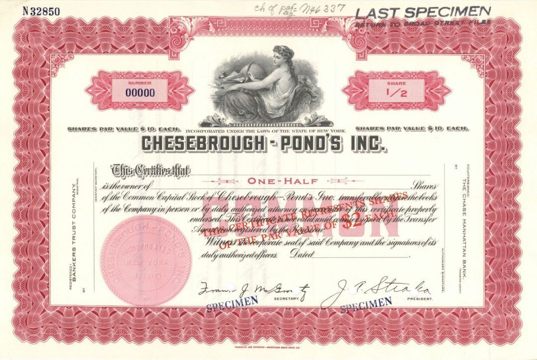 Chesebrough - Pond's Inc. - Specimen Stock - Specimen Stocks & Bonds