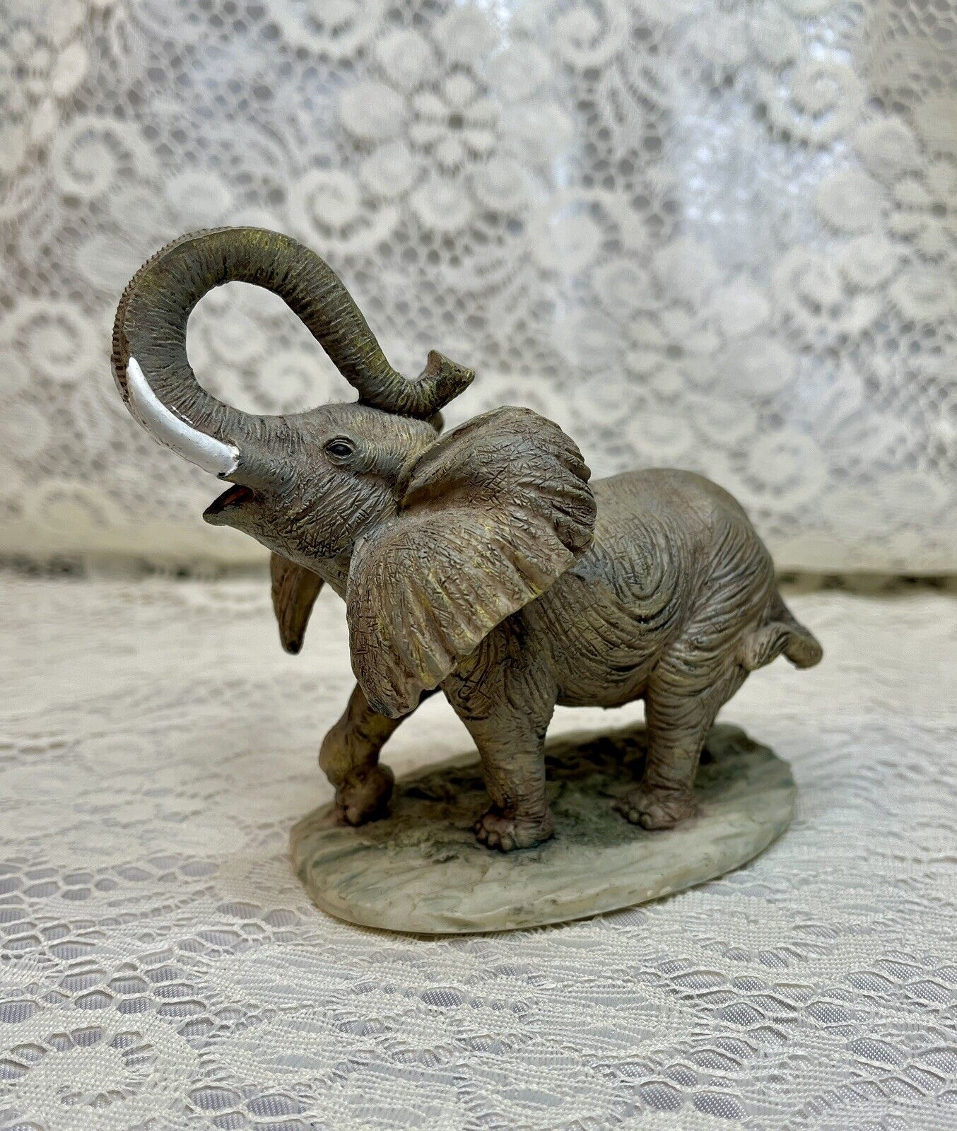 Vintage Ceramic Realistic Elephant Figurine Statue Standing On Base, Trunk Up