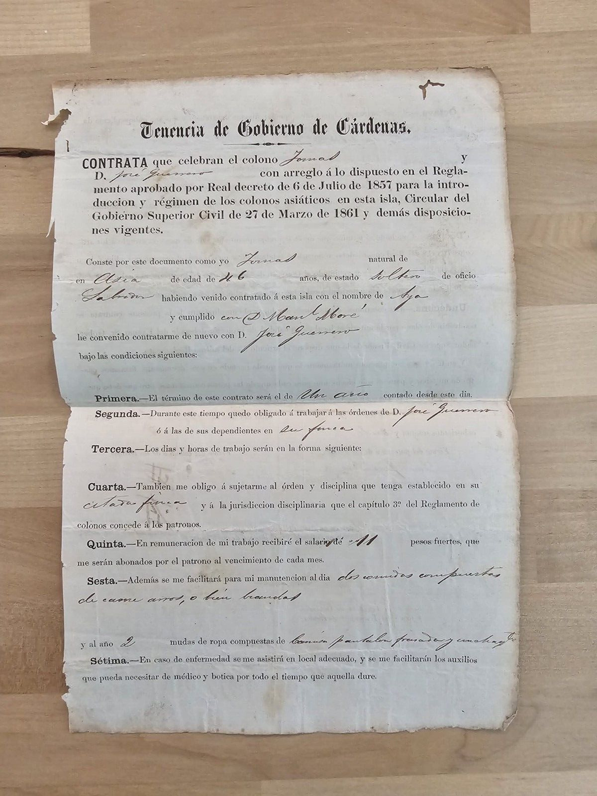 ANTIQUE 1867 CHINA CHINESE SLAVES HAVANA CONTRACT DOCUMENT SIGNED