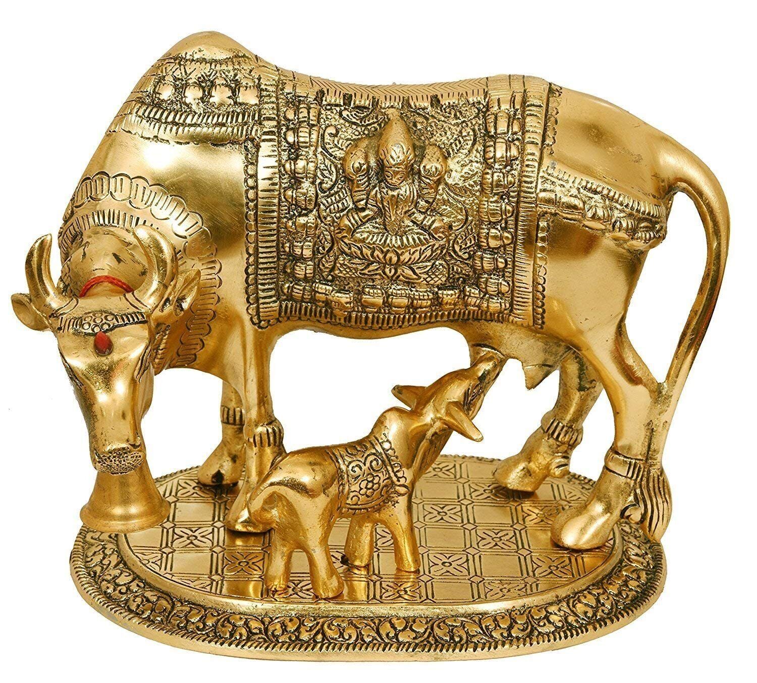 Brass Golden Kamdhenu Cow with Calf Vastu Gau MATA Idol Spiritual Vastu  1 Pcs