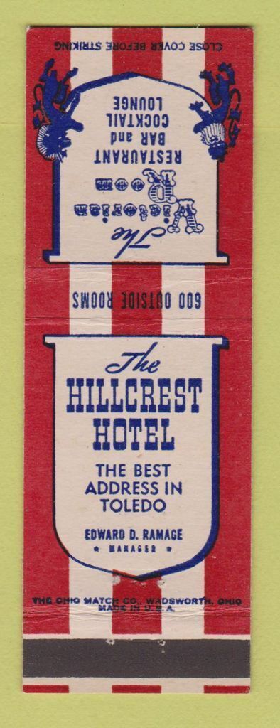 Matchbook Cover - Hillcrest Hotel Toledo OH Victorian Room