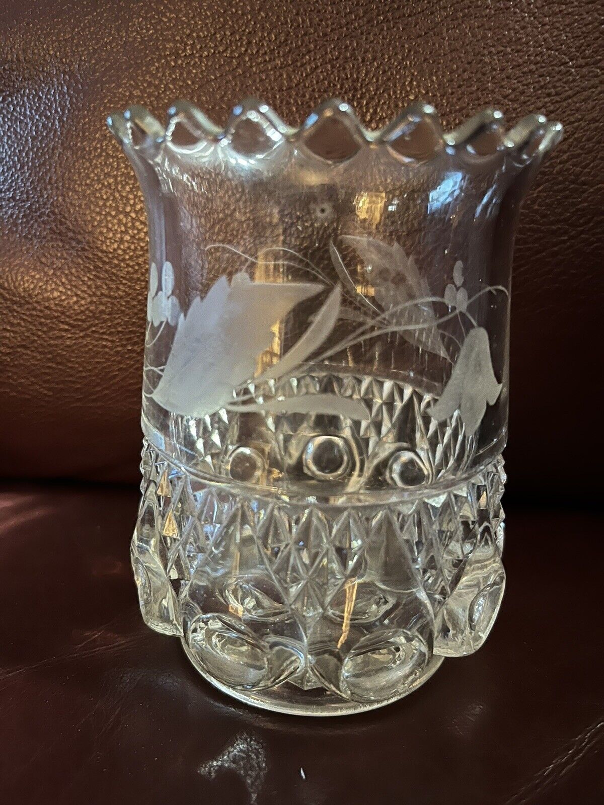 Vintage Etched Cut Crystal Vase       4 3/4” Heavy Crystal Etched Floral