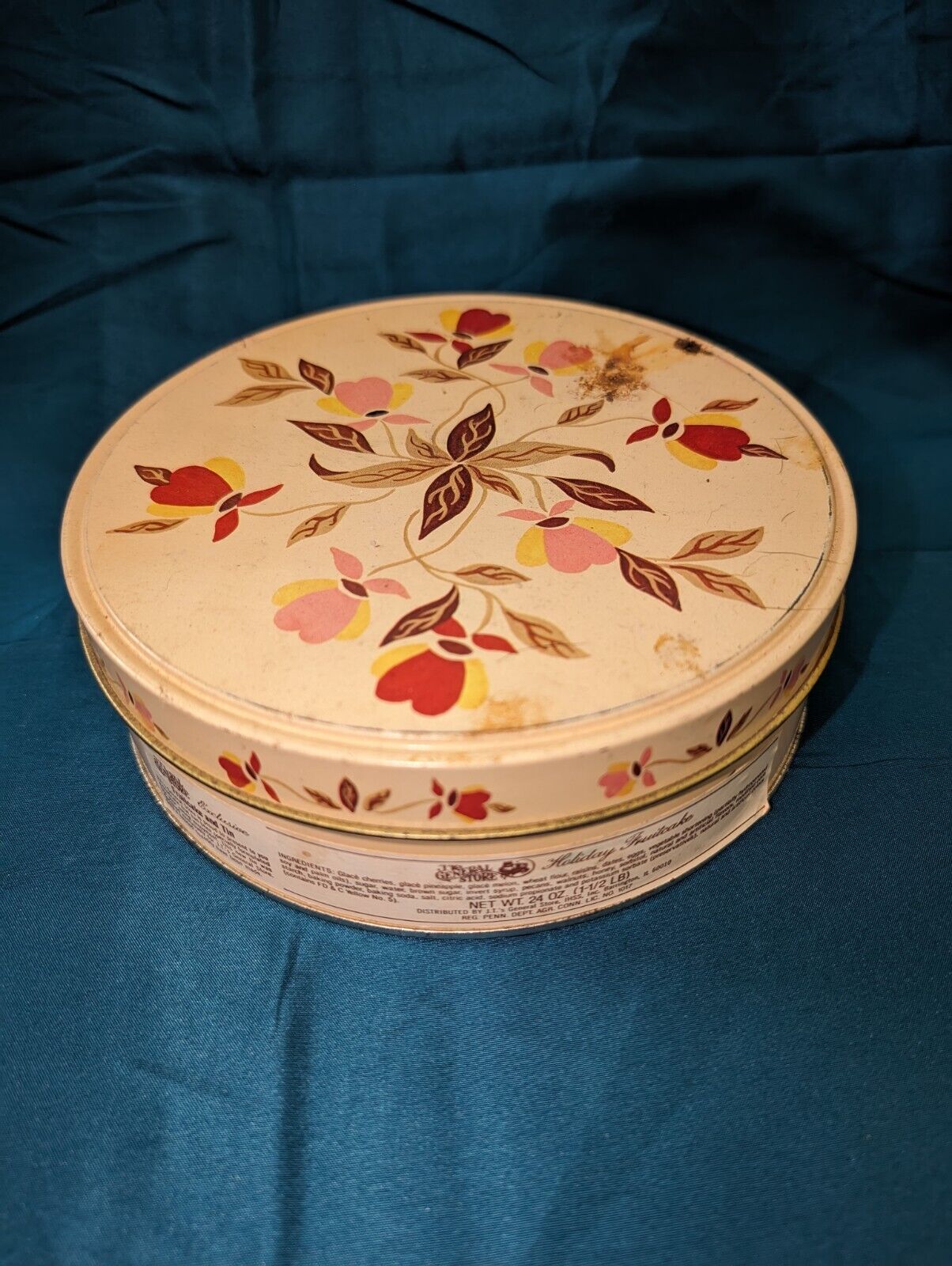 Vintage 1981 Hall China Jewel Tea Autumn Leaf Holiday Fruitcake Tin *One Spot Of
