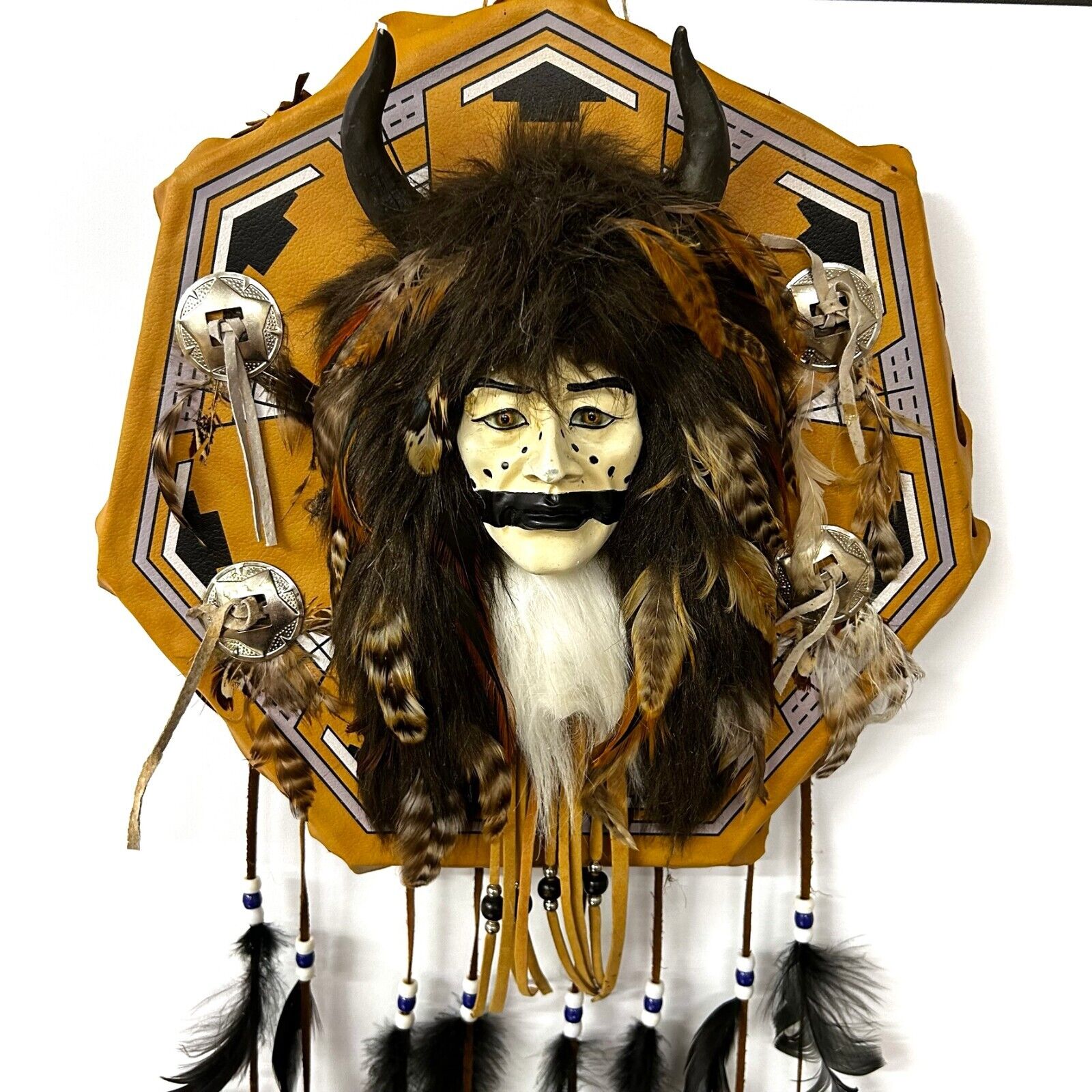 Native American Buffalo Hunter Spirit Mask Wall Hanging Hand Painted Unsigned