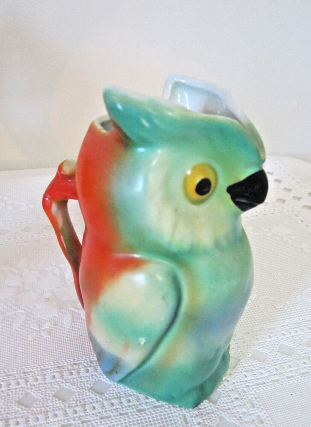 Antique ceramic owl creamer pitcher Germany green & orange 5\