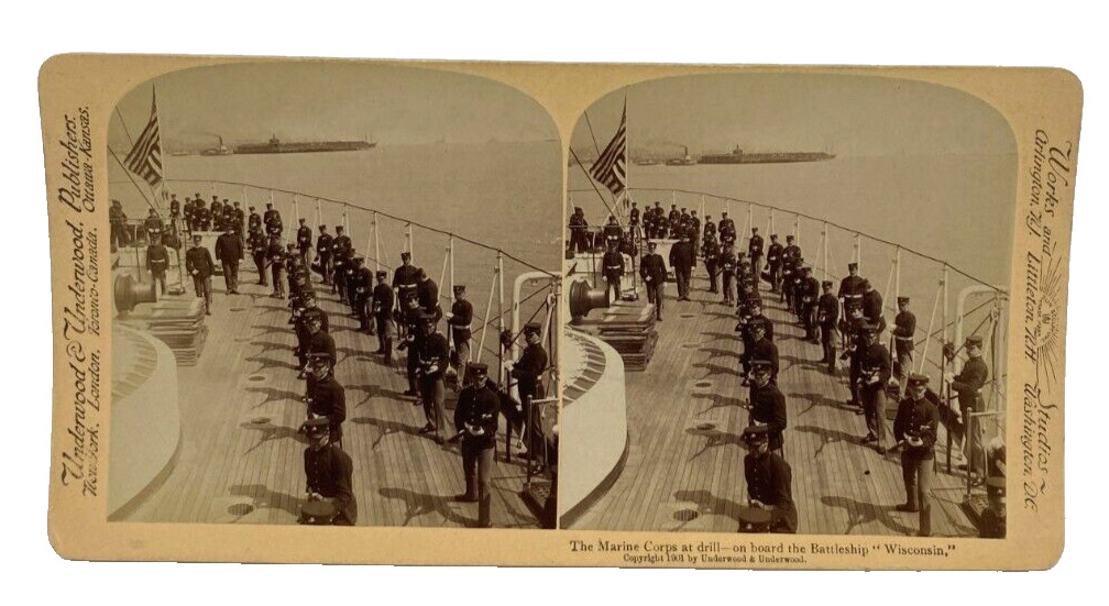 1901 Stereoscope Photo Card Marine Corps at Drill Battleship Wisconsin Underwood