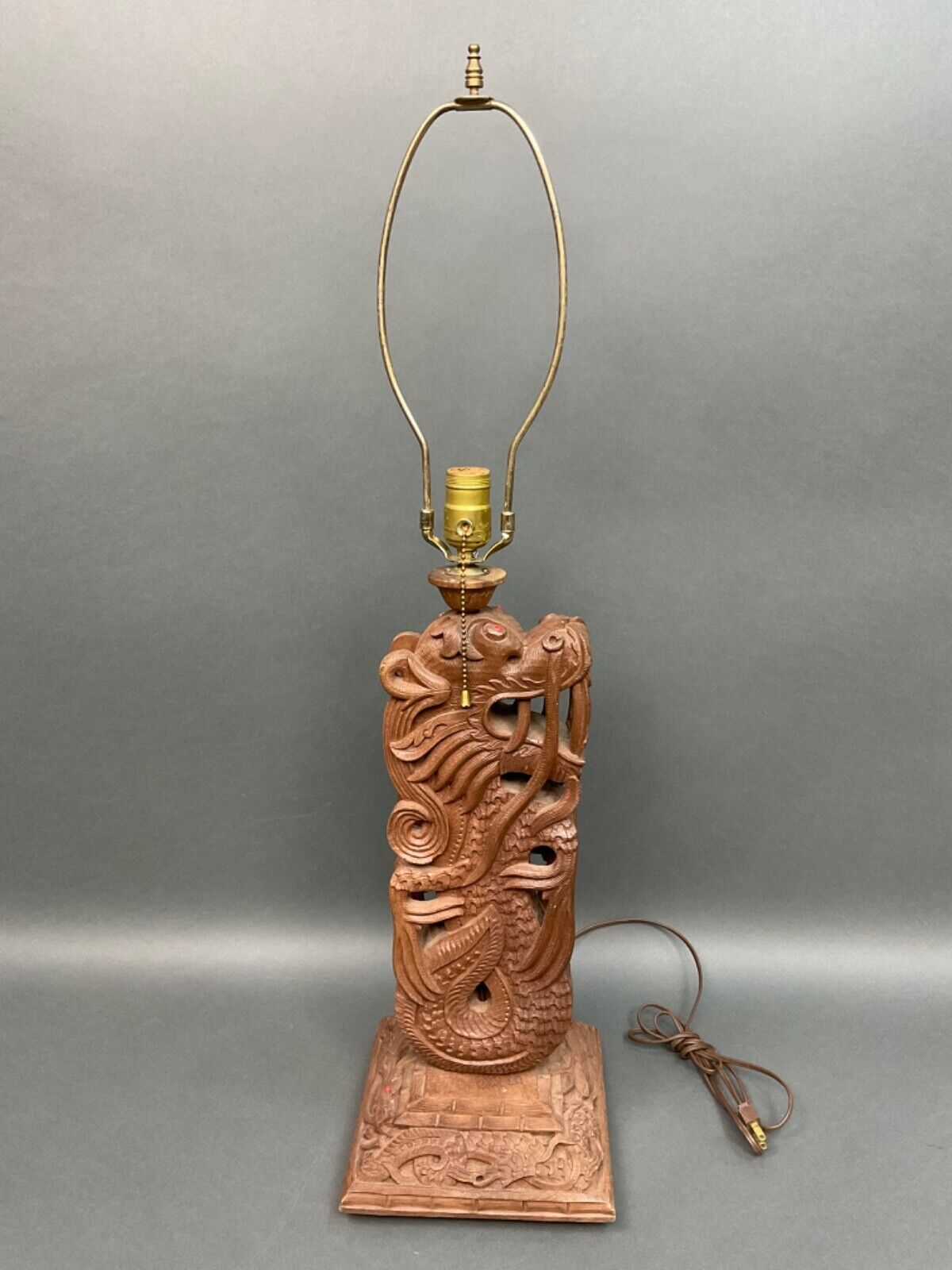 Vintage Finely Detailed Chinese Dragon Lamp Wood Carved NO Shade
