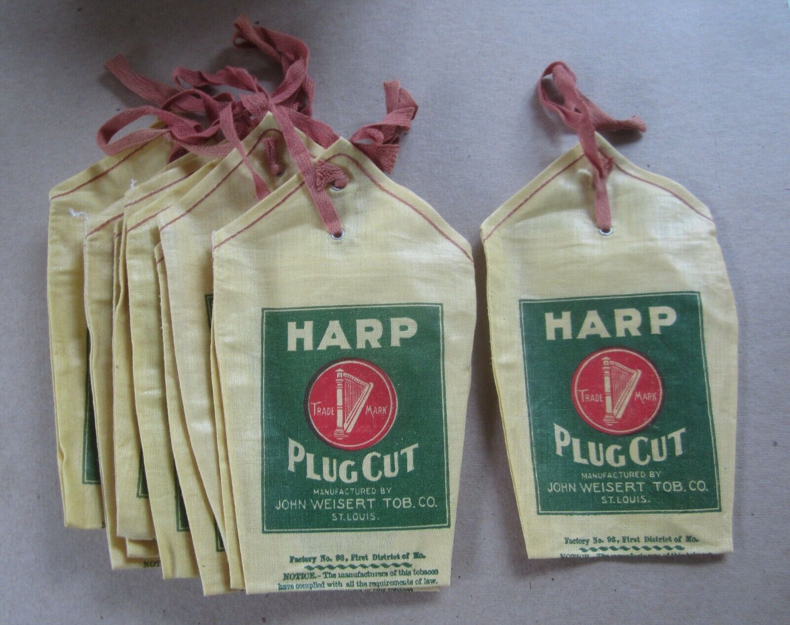 Lot Of 10 Old Vintage 1940\'s - HARP Plug Cut - CLOTH TOBACCO BAGS - John Weisert