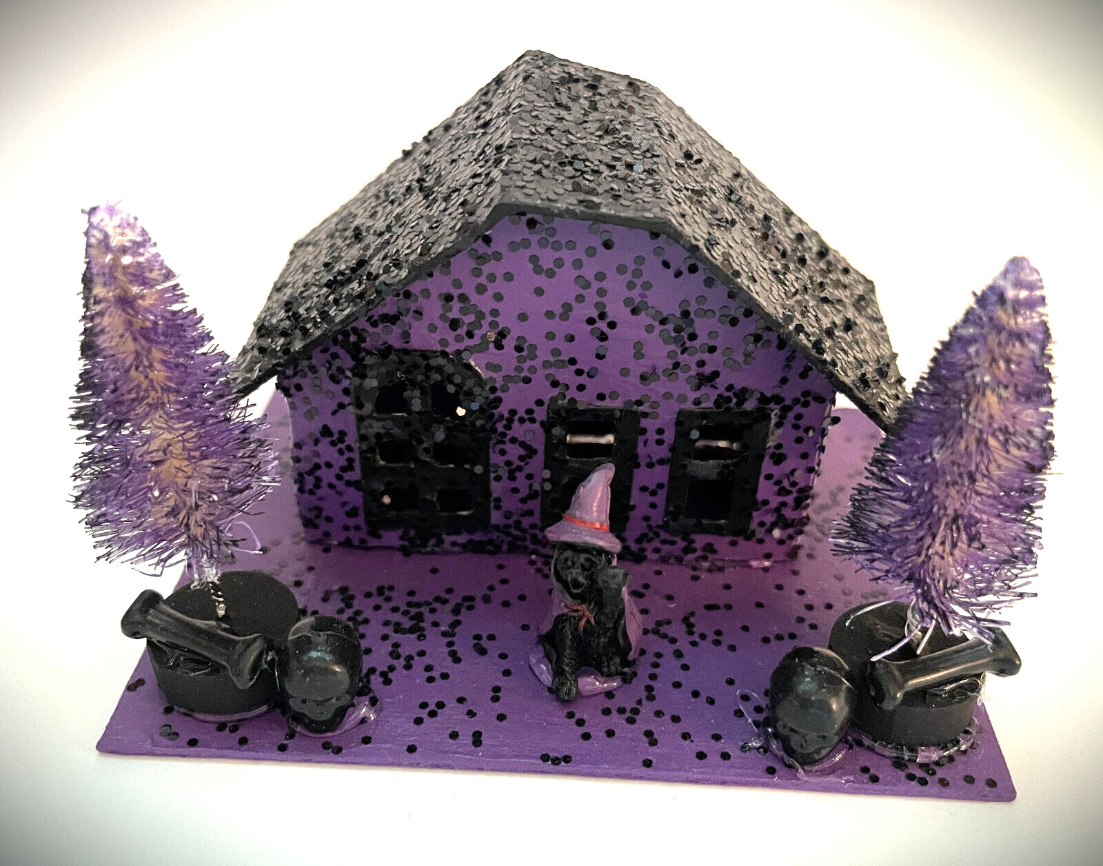 Halloween PUTZ Haunted House Black Cat Skulls Tabletop Decor Handmade OOAK Retro