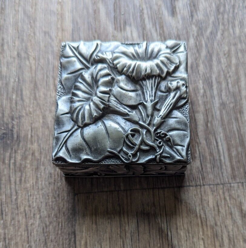 Vintage Metal Box with Floral Carving and Velvet Interior