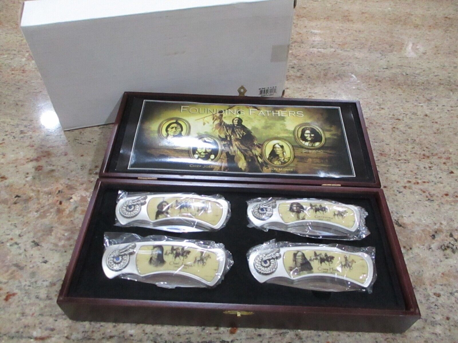 4pc Founding Fathers Folding Pocket Knife Set - Native American Indian Gift Box
