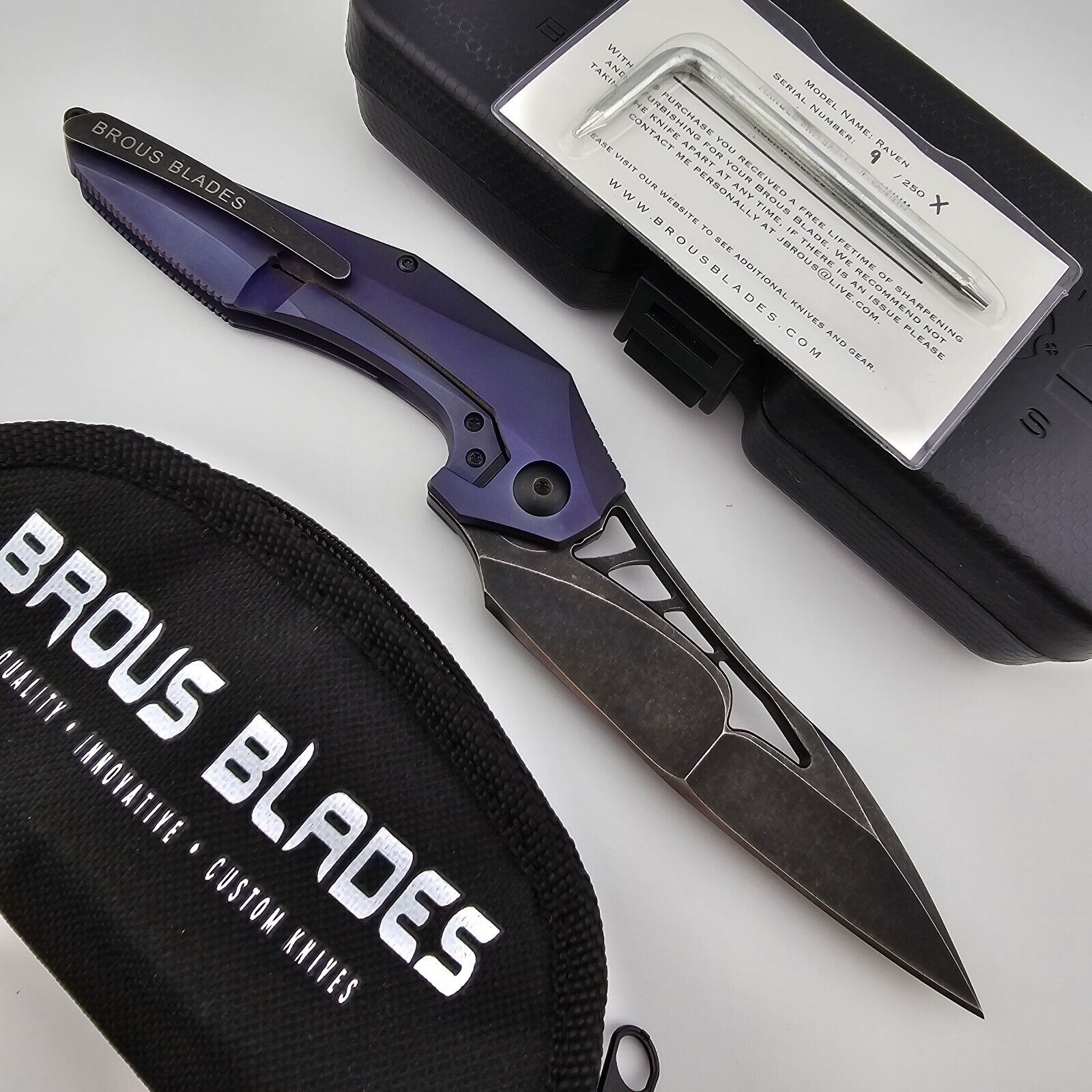 Brous Blades Raven 9 of 25 Folding Knife 3D Machined Titanium Handle D2 Blade