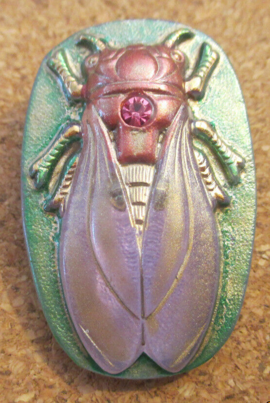 1-Czech Glass Raised Multi-colored Cicada - Purplish Rhinestone - Purple Button
