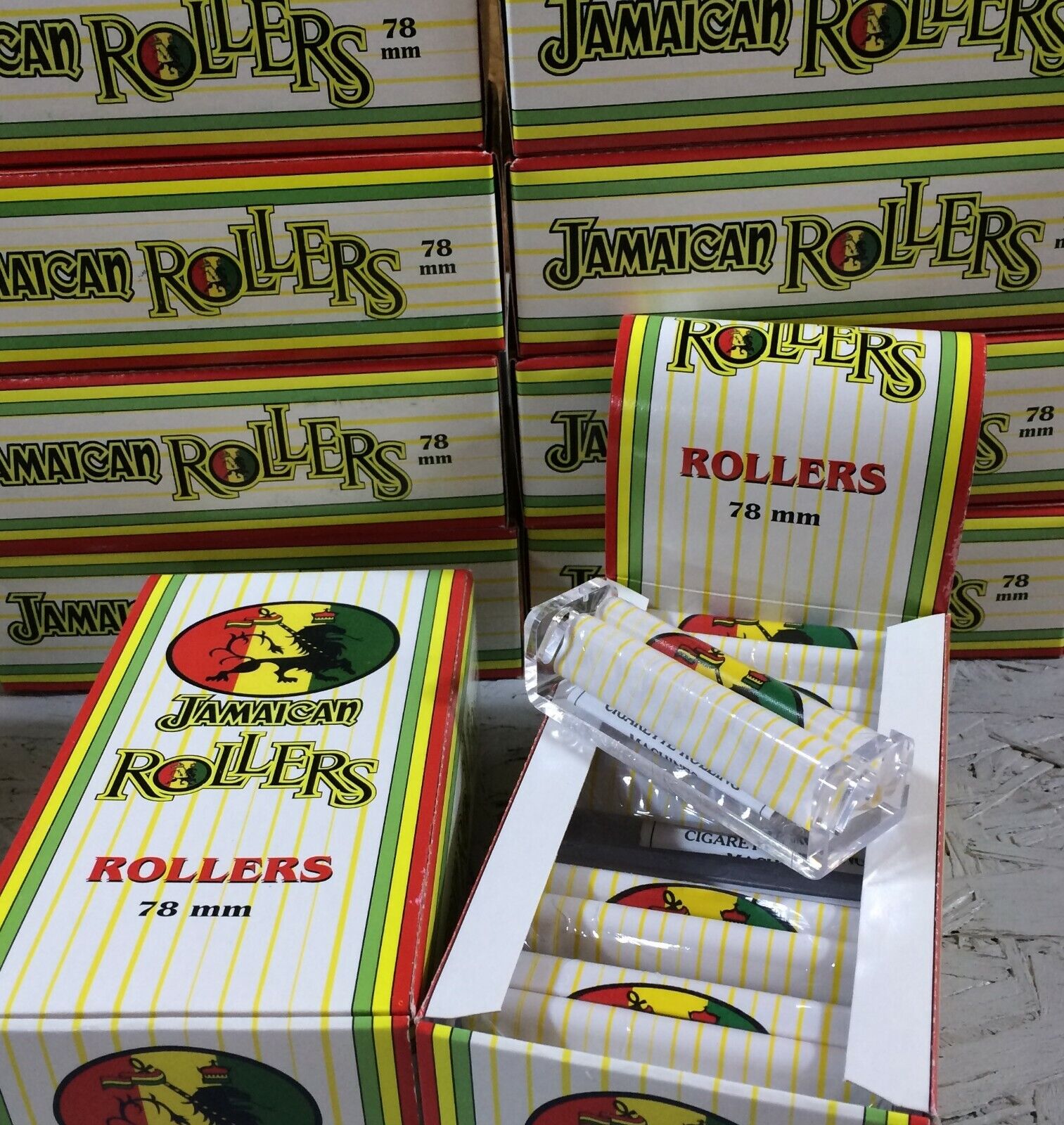 BUY TWO of 12 COUNT BOX COUNTER TOP DISPLAYS - JAMAICAN ROLLING MACHINES 78MM