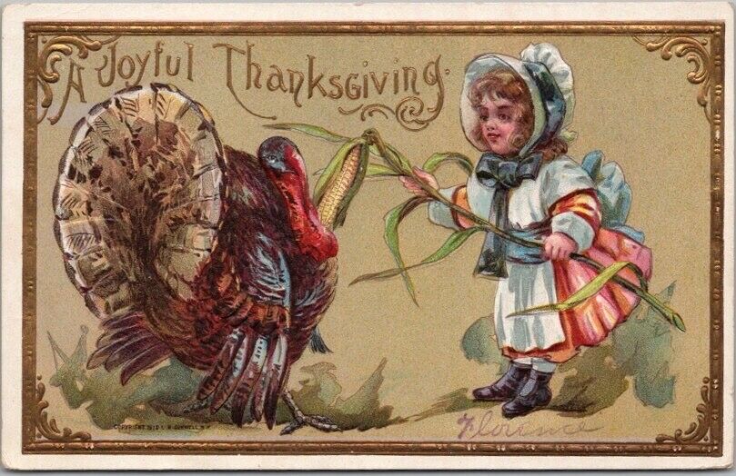 1910 THANKSGIVING Postcard Girl Trying to Feed Entire Corn Stalk to Turkey
