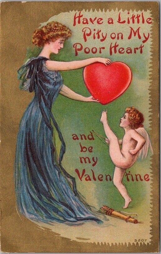 1910 VALENTINE'S DAY Greetings Postcard Cupid Trying to Kick Pretty Lady's Heart