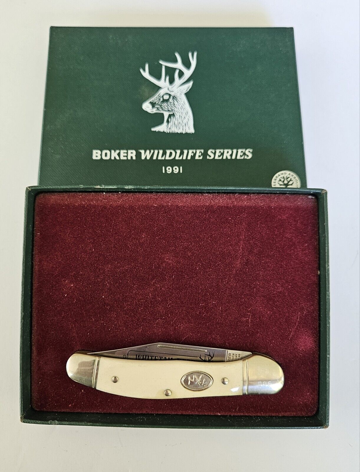 1991 Boker Wildlife Series Pocket Knife Whitetail Deer White Bone Handle NEW