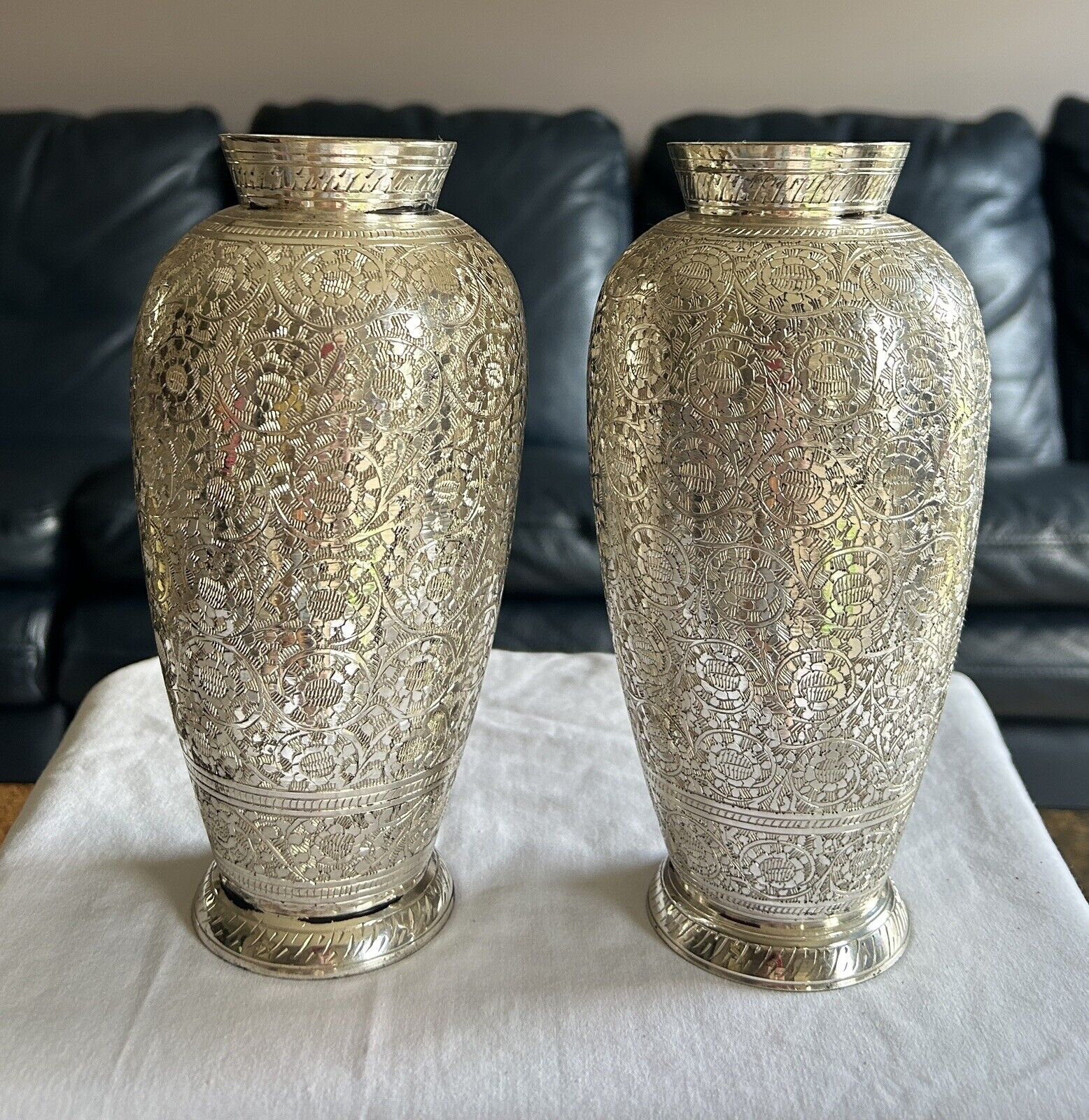 2 Antique Easter Silver Vases.  Beautiful Hand Tooled Decorated