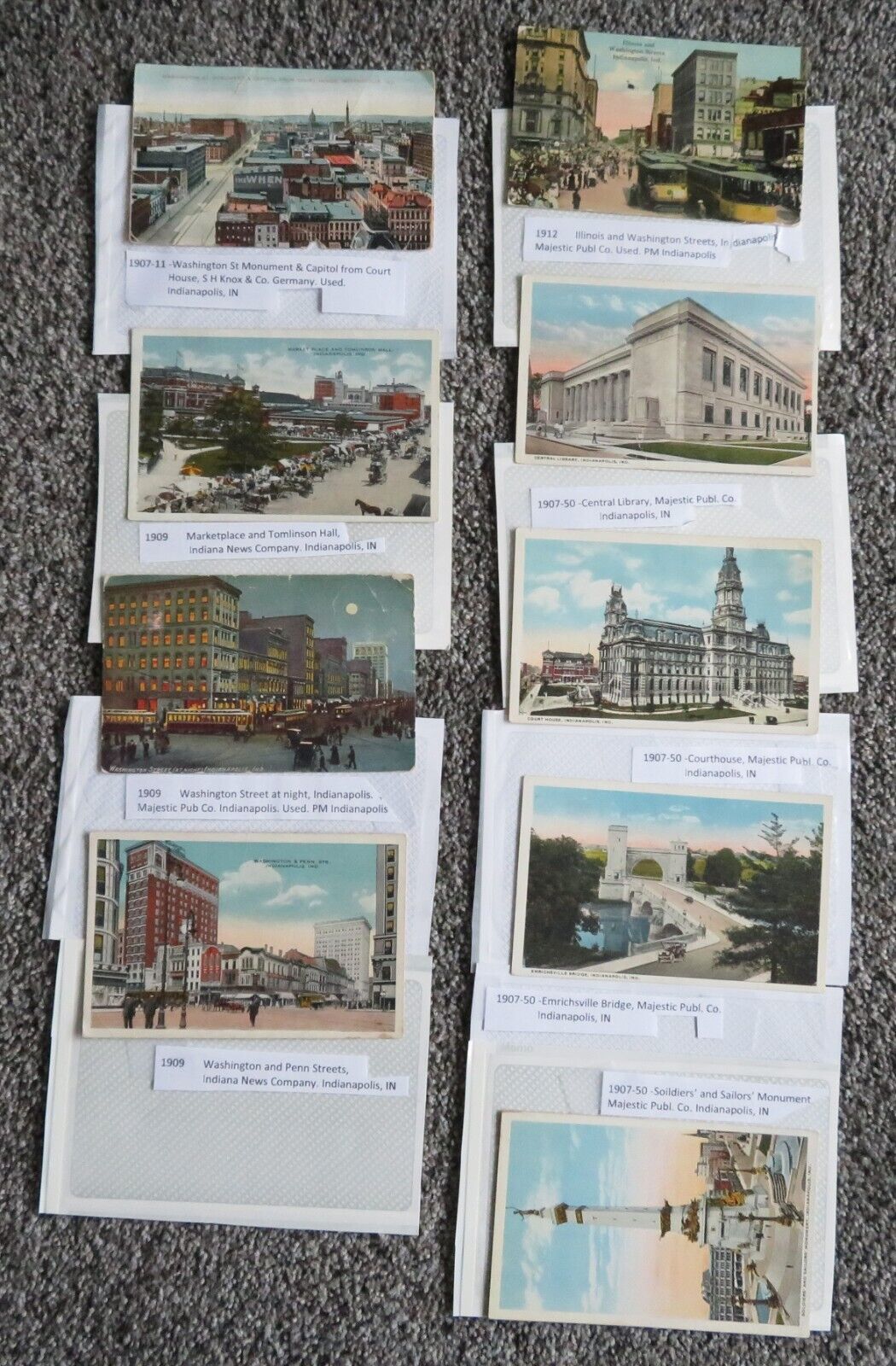 9 Vintage Indianapolis  Postcards 1907-1912 Street, buildings, bridge, monument