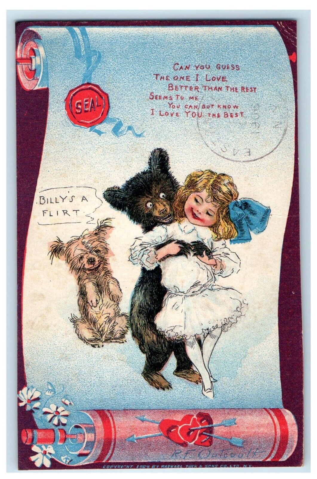 1906 Valentine Cute Bear Flirt Scruffy Dog Girl Child R.F. Outcault Postcard