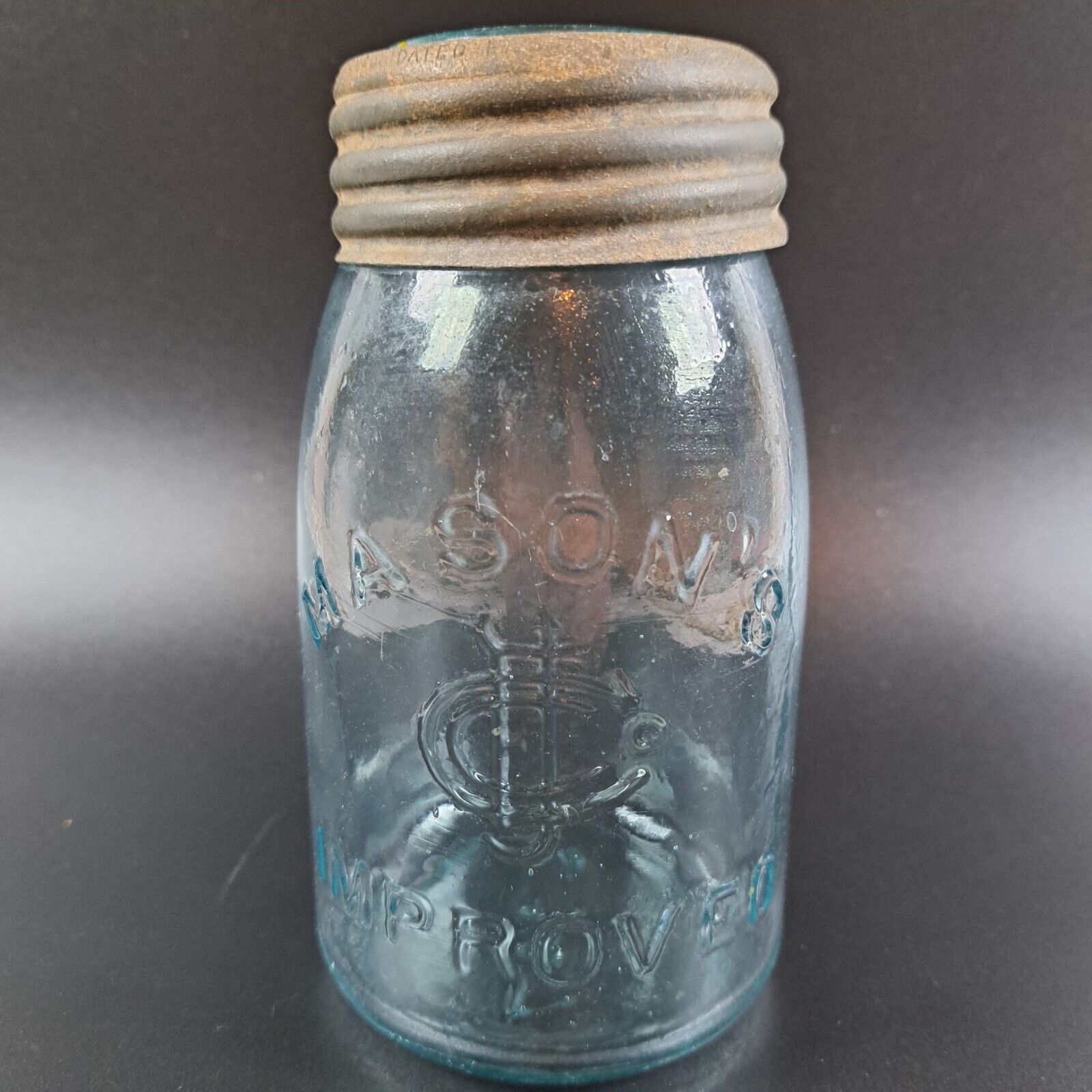 Antique Mason\'s Improved Pint Jar Blue Glass/Zinc Lid Registered May 23 1871