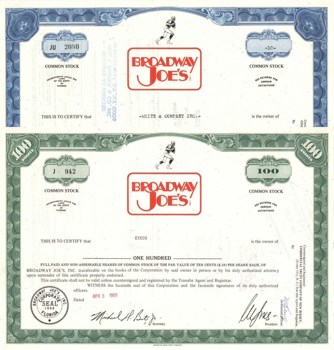 Pair of Broadway Joe's Inc. - Stock Certificate - Sports Stocks & Bonds