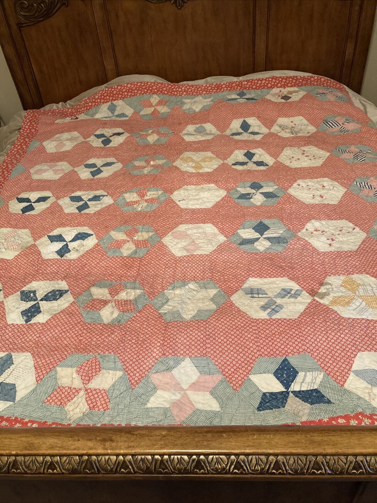 Vintage homemade Hexagonal Quilt Has damage Size 77 X 67