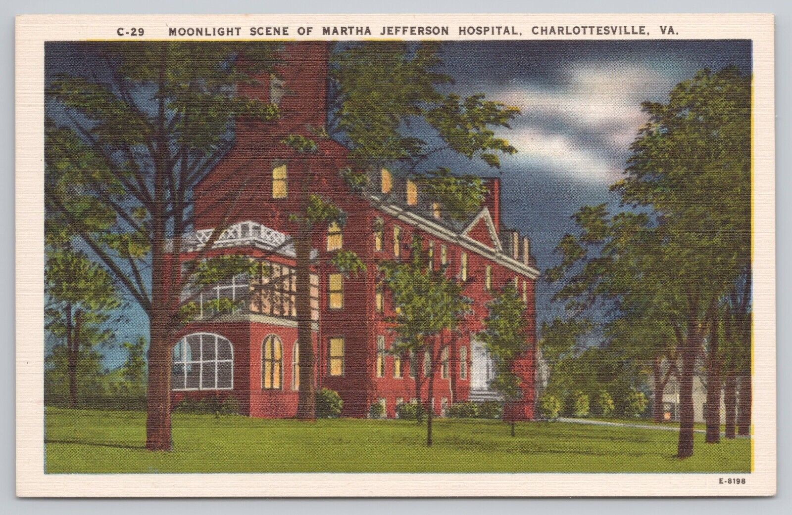 Postcard Moonlight Scene of Martha Jefferson Hospital, Charlottesville, Virginia