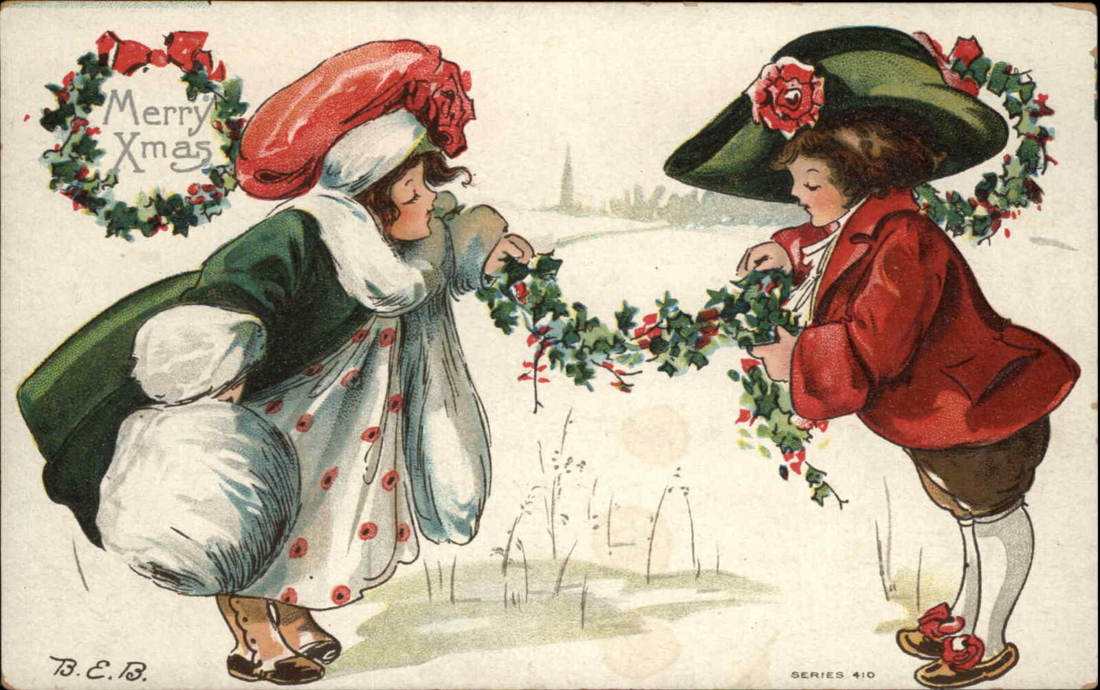 Christmas Artist Signed BEB Boy and Girl Elaborate Costumes c1910 Postcard