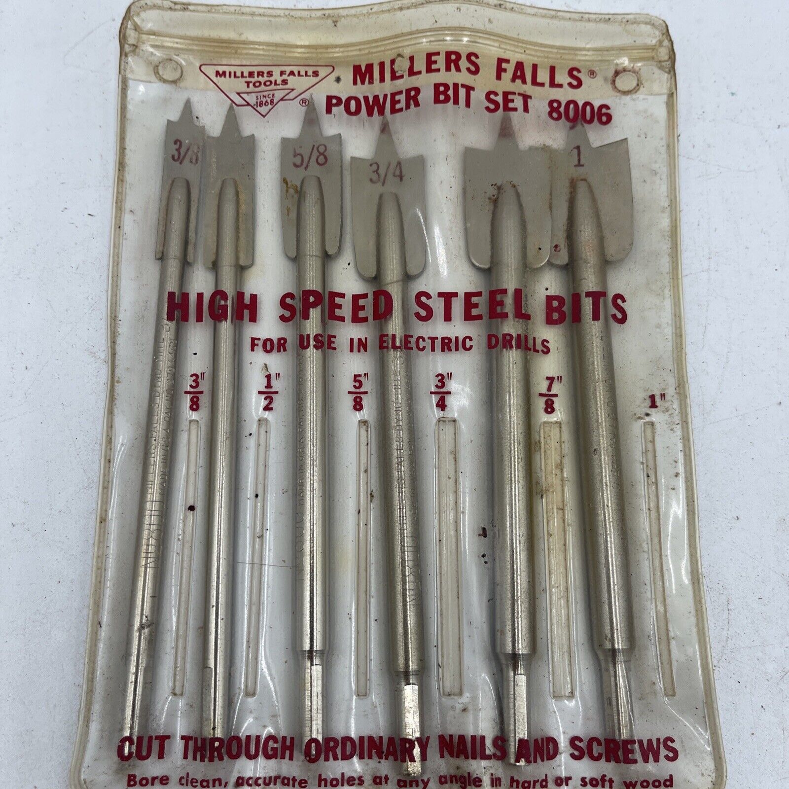 Vintage Millers Falls High Speed Steel Bits No.8006 (3/8,1/2,5/8,3/4,7/8,1)