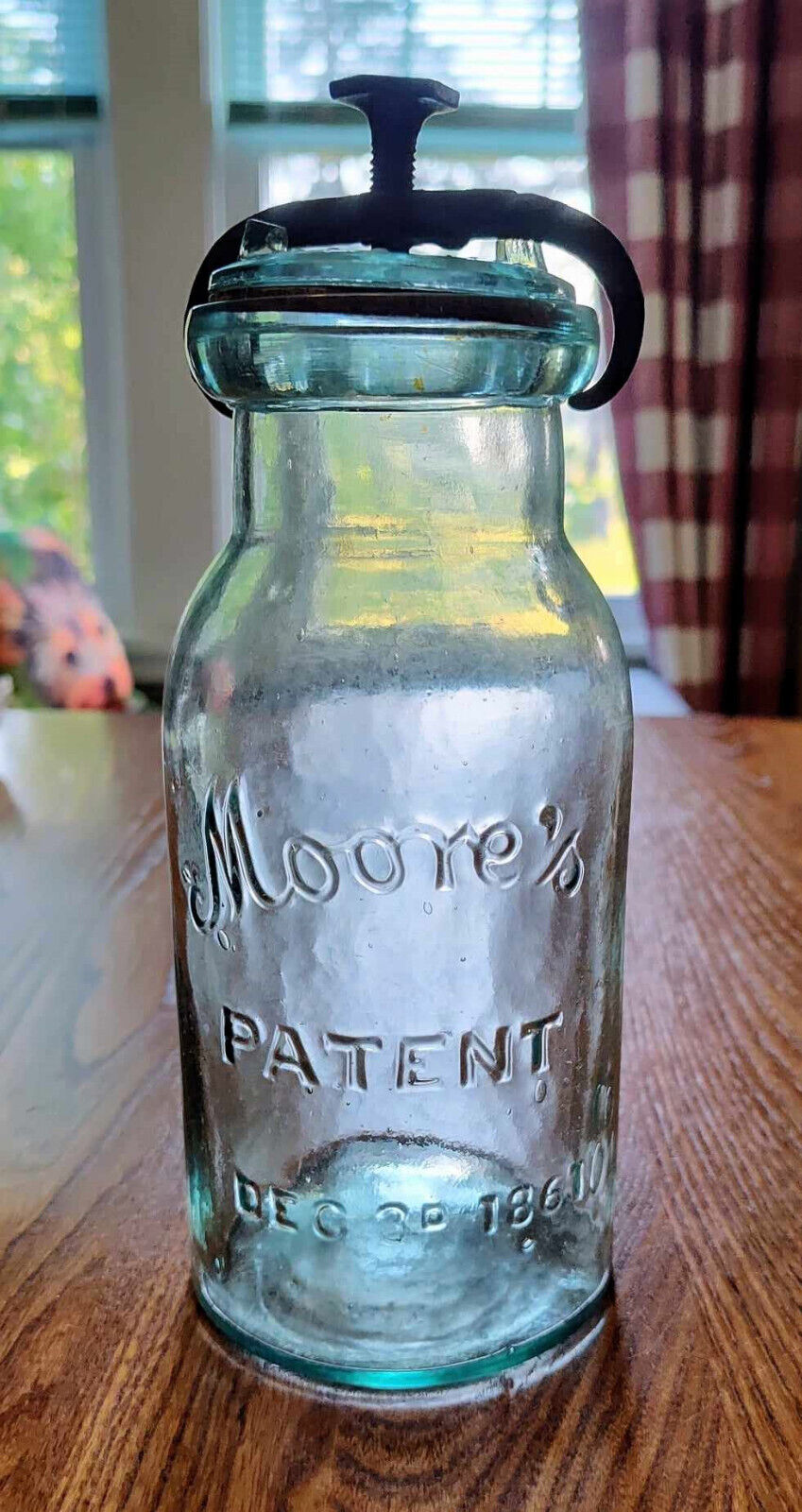 MOORE\'S PATENT QUART FRUIT JAR WITH GLASS LID & IRON CLAMP