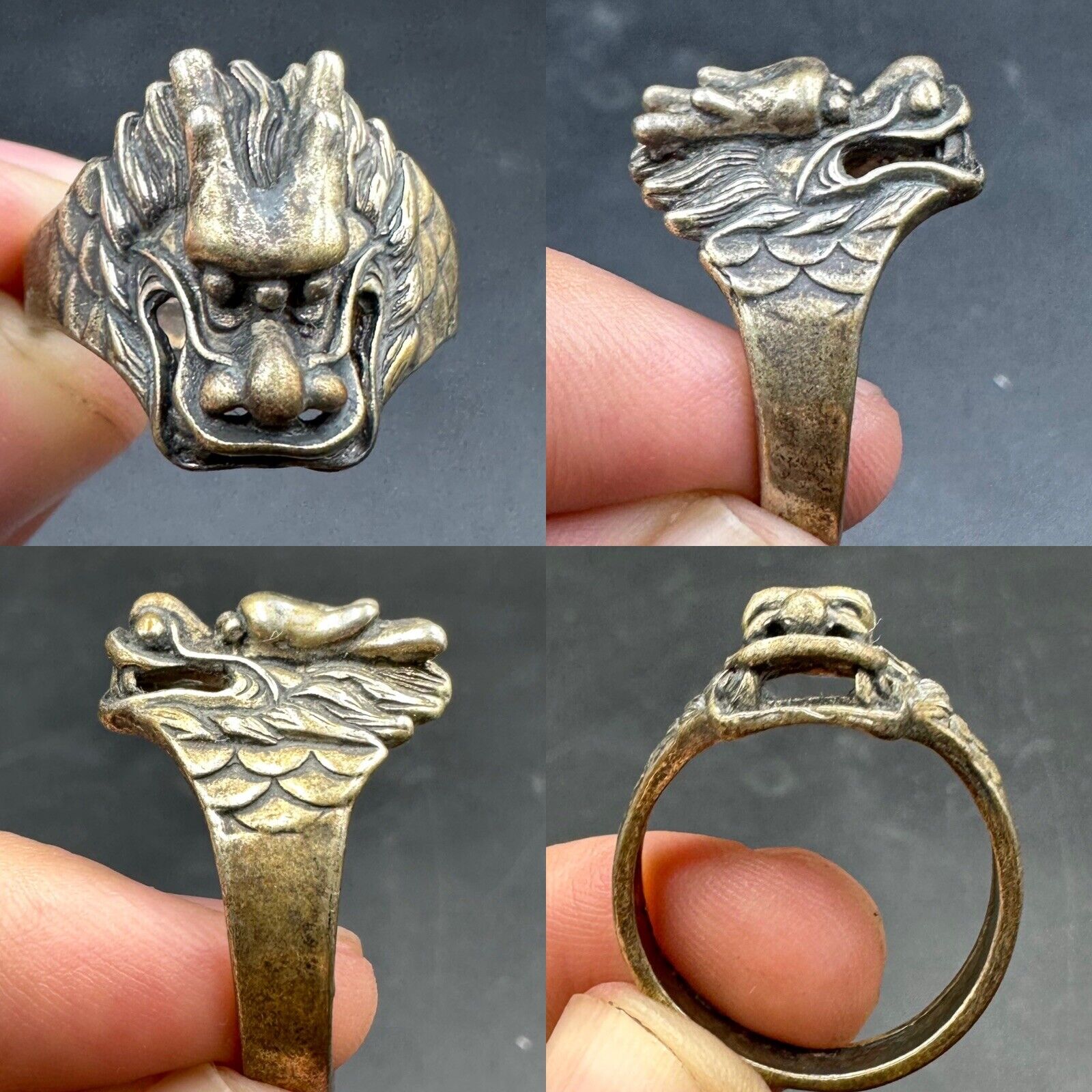 Stunning Vintage Tibetan Dragon carved figure bronze ring