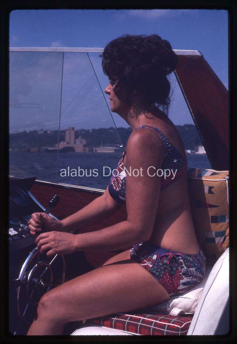 Orig 1972 SLIDE View of Woman in Bikini Driving Motorboat