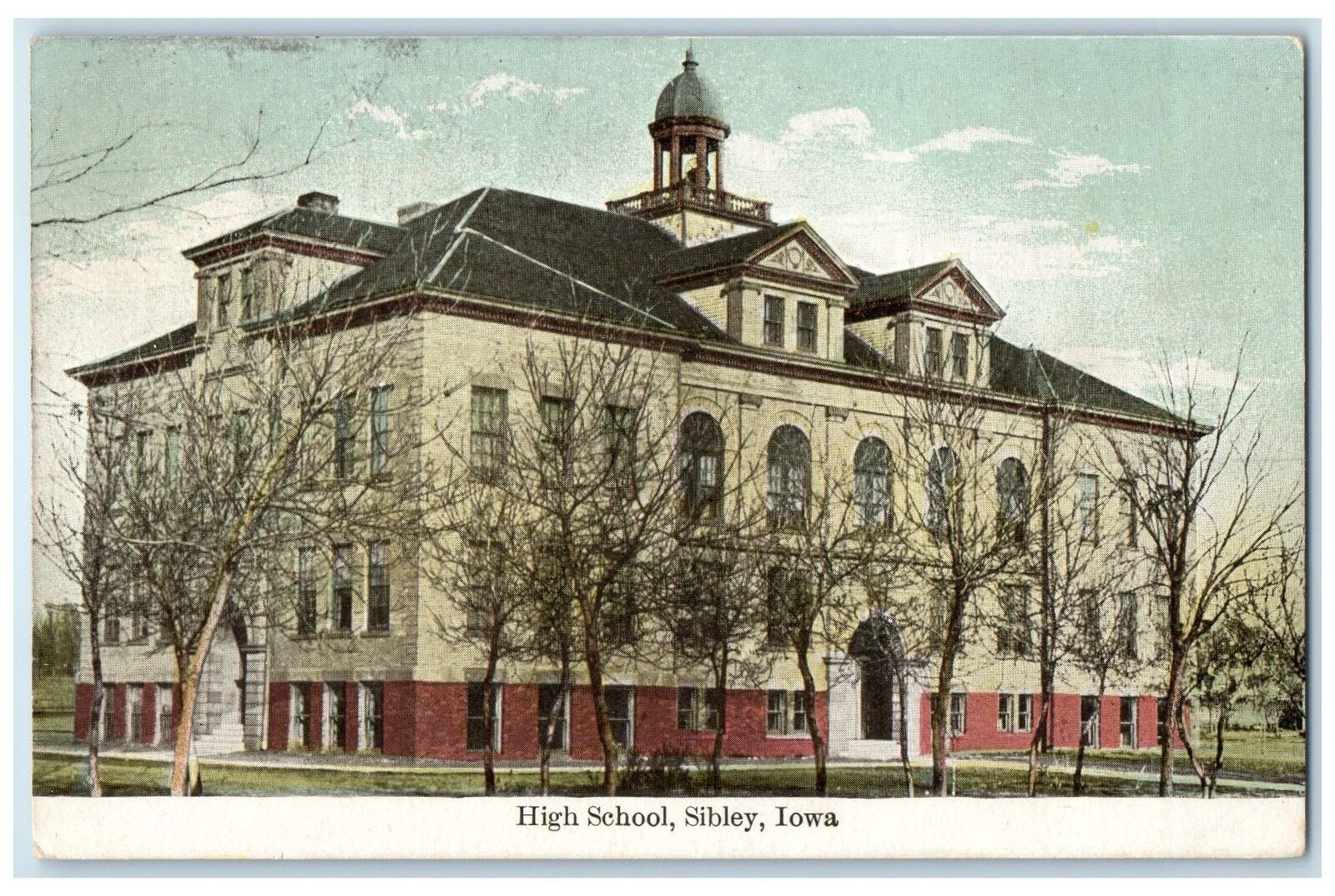 1912 High School Building Exterior Trees Trees Sibley Iowa IA Posted Postcard