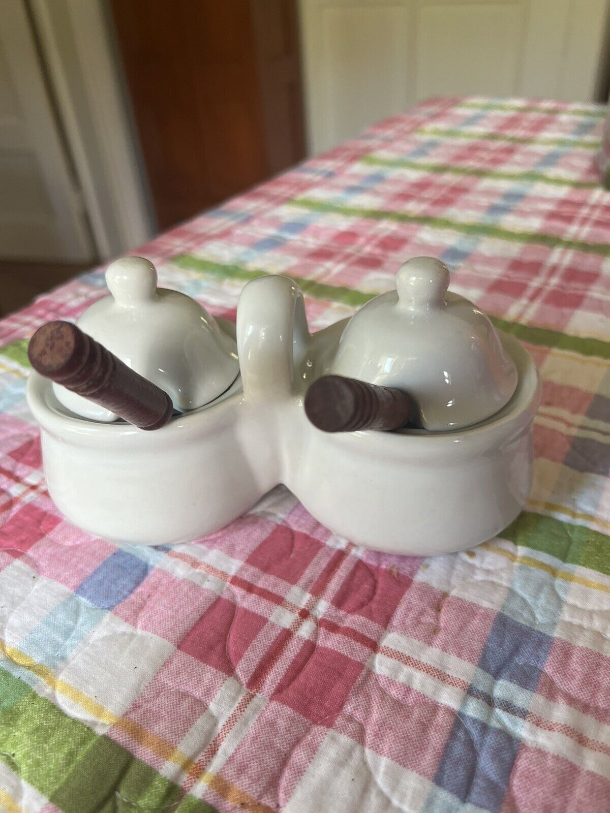 Vintage Double Jam Jelly Relish Condiment Server With Spoons And Lid Stoneware