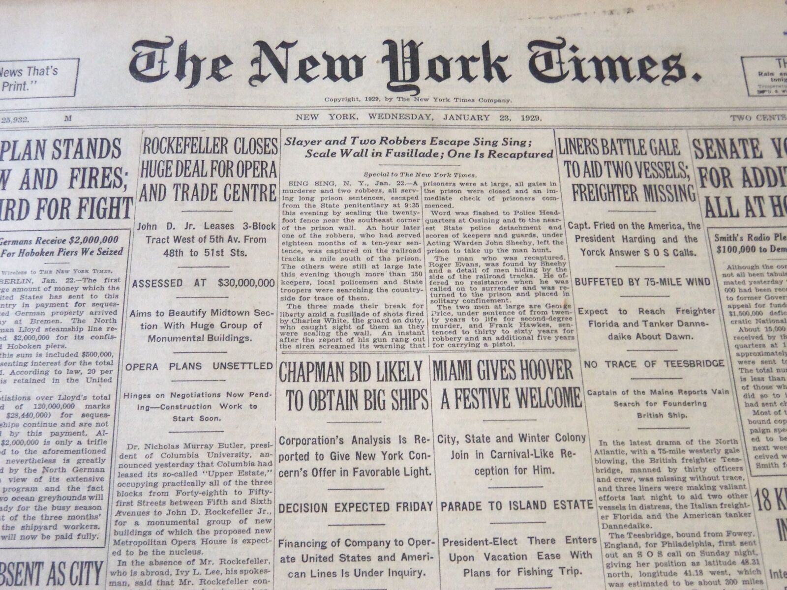 1929 JAN 23 NEW YORK TIMES - ROCKEFELLER CLOSES HUGE DEAL FOR OPERA - NT 6626