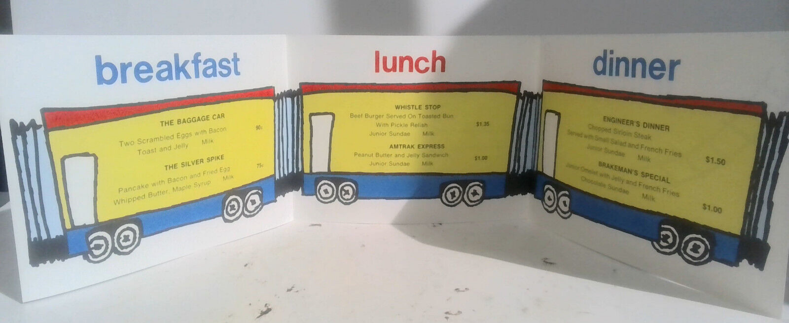 VINTAGE Amtrak Train Kids Menu FOLD OUT Breakfast Lunch & Dinner CUTE ARTWORK