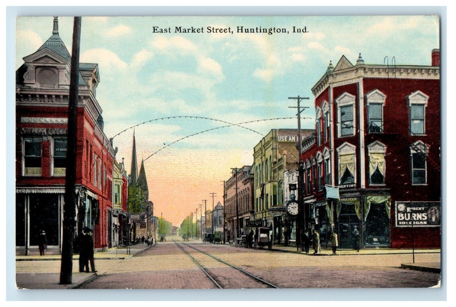 c1910's East Market Street View Clock Huntington Indiana IN Vintage Postcard