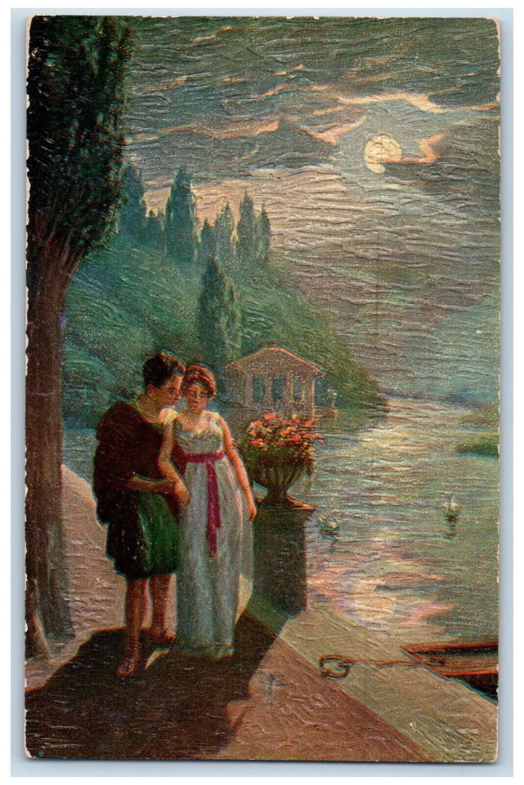 c1910 Couple Scene Flower Sunlight River Embossed Oilette Tuck Art Postcard