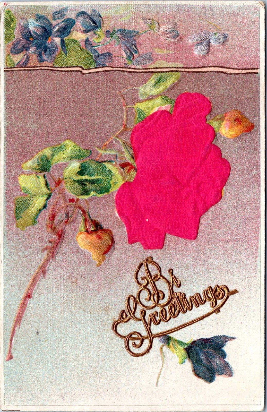Embossed Greetings Postcard - Pink Rose with Silk Bloom - Gold Gilt Highlights