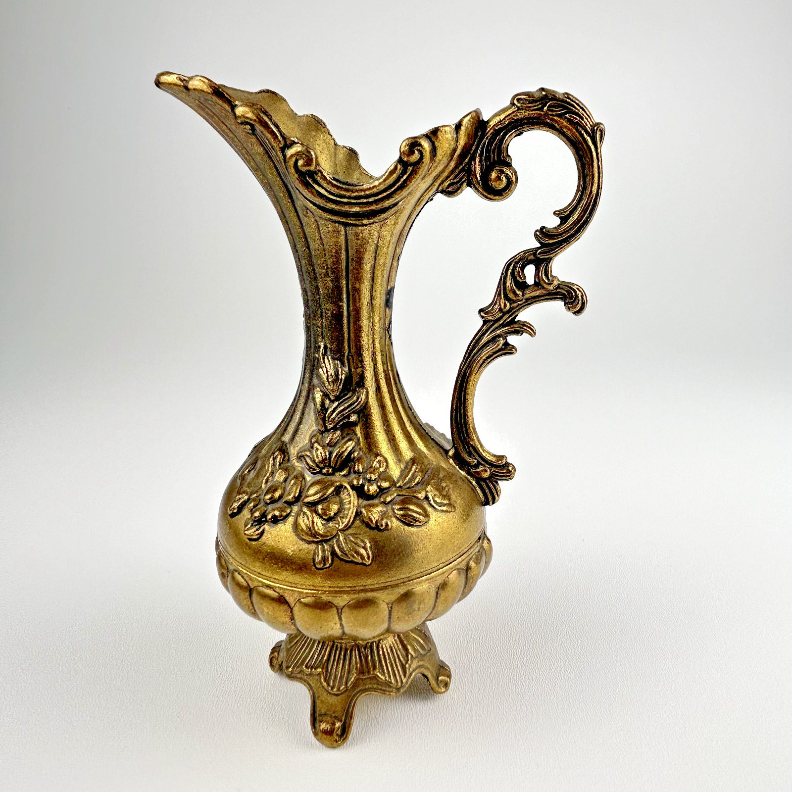Vintage Ornate Brass Pitcher 7”Tall Floral Design Footed Bud Vase Made In Italy