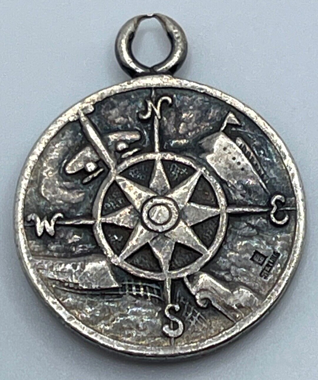 Vintage St Christopher Sterling Silver Compass Boat Train Airplane Train Medal