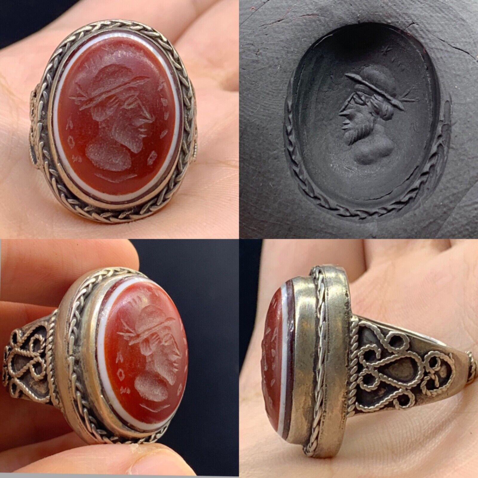 Stunning Rare Ancient Roman Agate King Intaglio Silver Ring Antique -