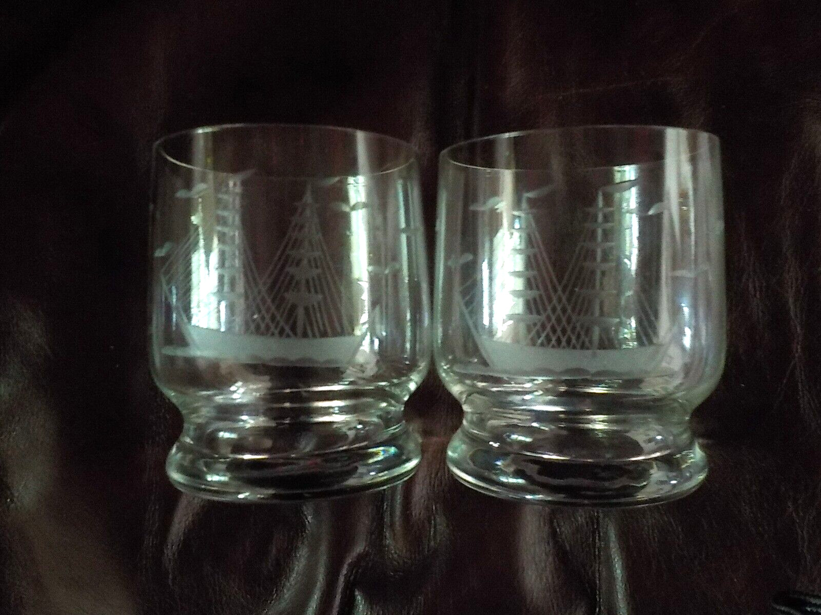 2 Vintage Etched Nautical Sailboat 10 oz. On the Rocks Lowball Cocktail Glasses