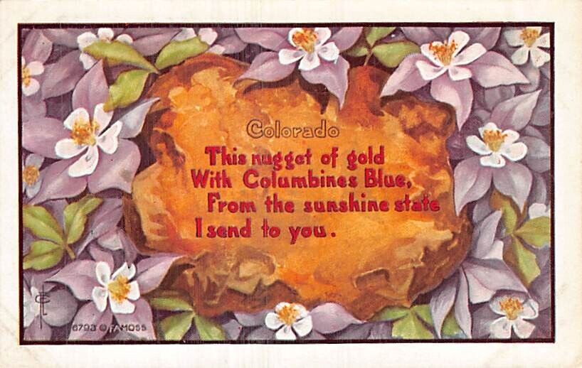 Postcard CO: Gold Nugget & Columbine, Antique WB, 1915