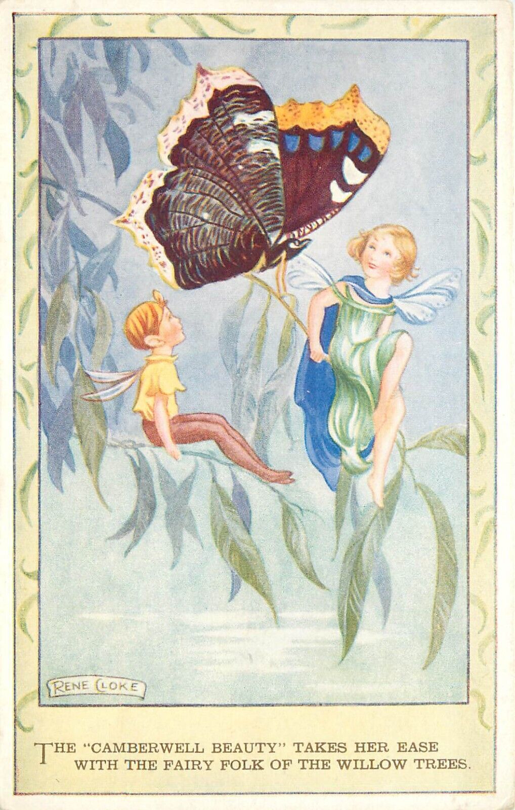 Rene Cloke Fantasy Art Postcard 4387 Willow Fairies, Camberwell Beauty Butterfly